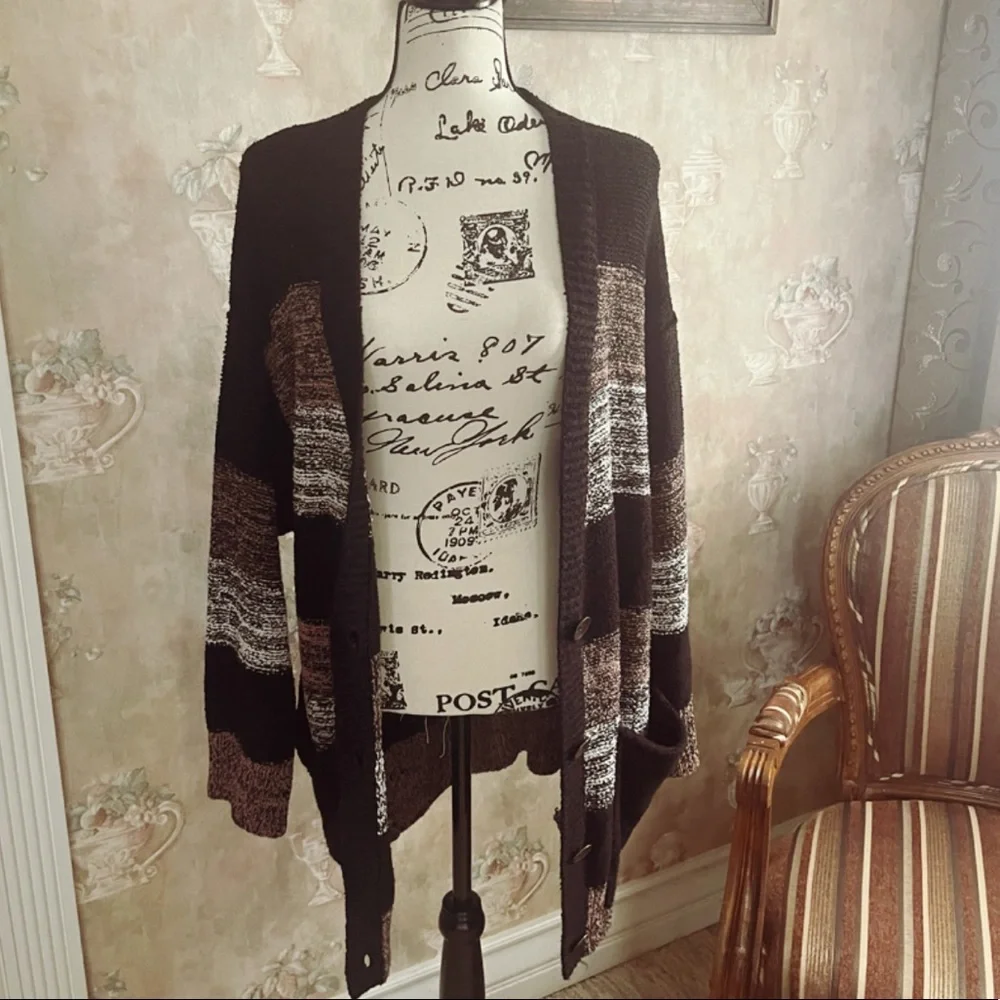 FREE PEOPLE SOUTHPORT BEACH WIDE STRIPE CARDIGAN BLACK COMBO SMALL MEDIUM